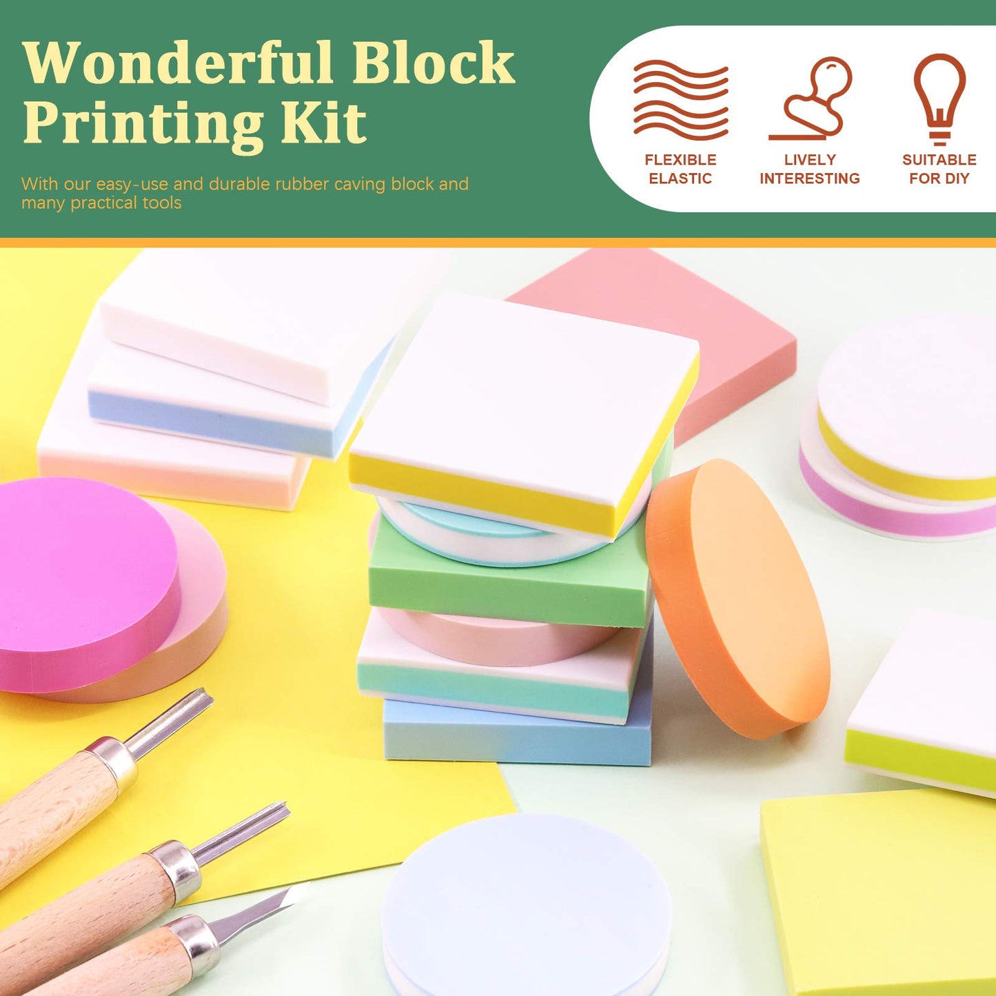 Keadic 24 Pieces Block Printing Starter Tool Kit, Rubber Stamps Making Set with Round & Square Rubber Carving Blocks, Linoleum Cutter Tools & Grindstone for Stamp Carving and Printmaking