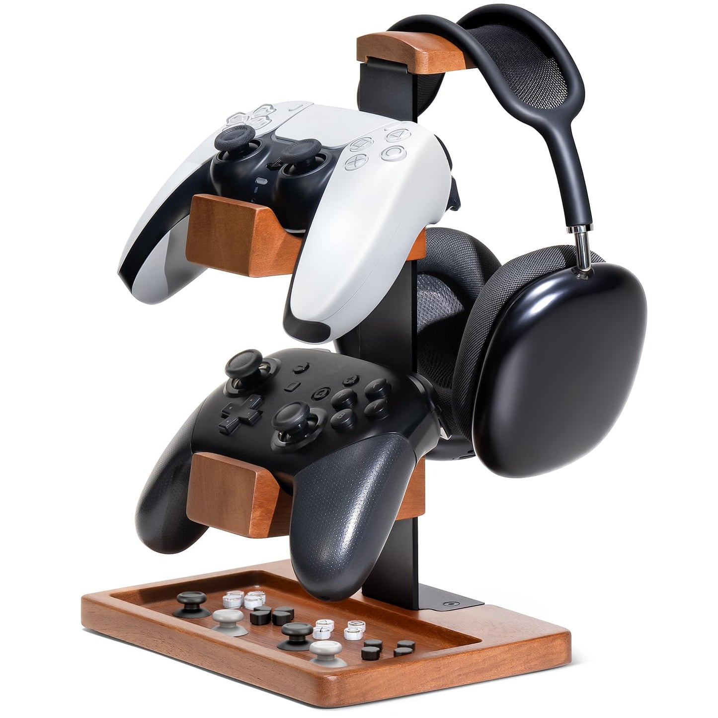 HUMANCOZY Solid Wood Controller Holder and Headphone Stand, Gaming Controller Stand for Desk, Dual Controller Organizer Rack, Fits Xbox, PS4, PS5, Gamepad, Headset Holder for Son, Husband, Boyfriend