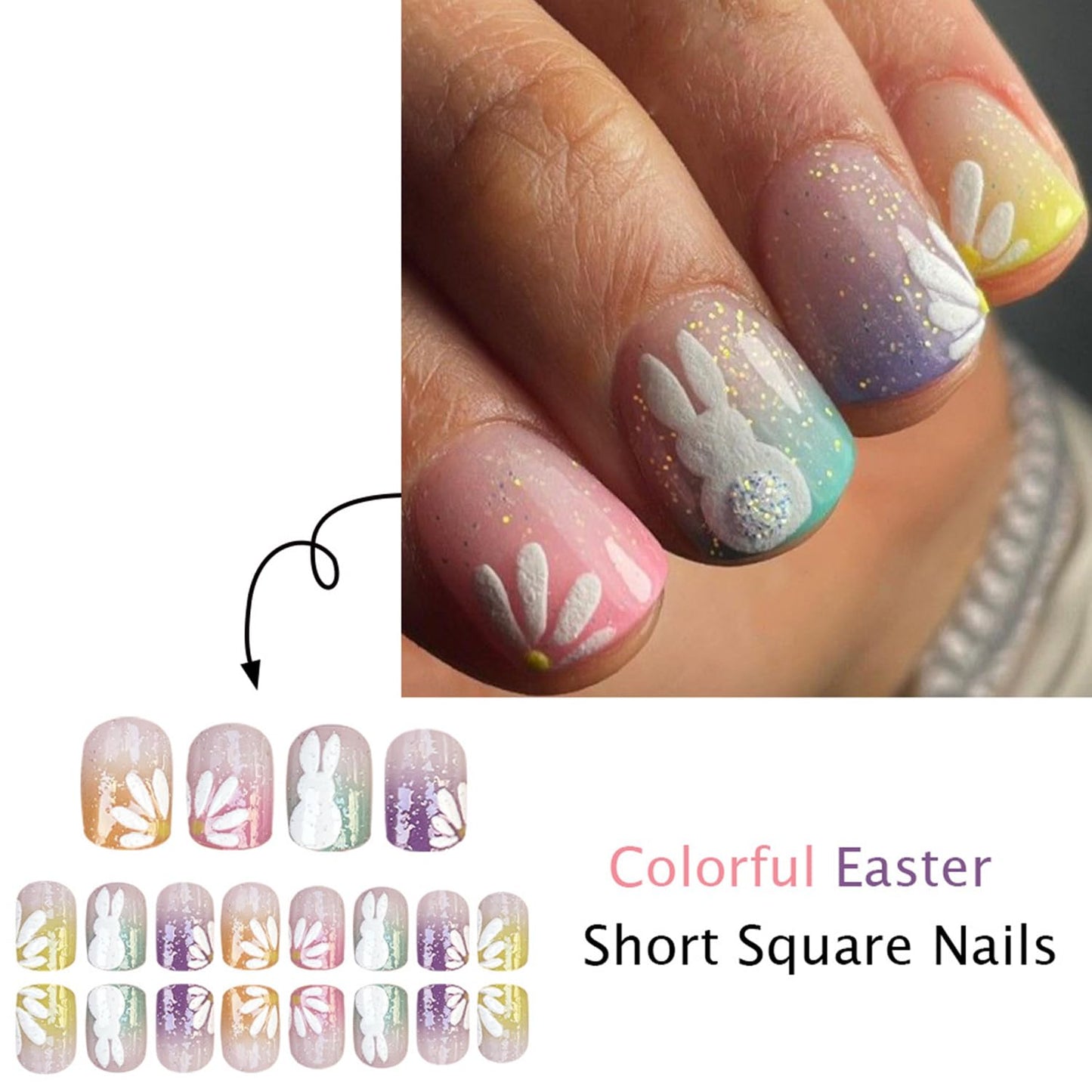 Flowers MultiColor Easter Press on Nails Short Square Artificial Fingernails White Rabbit Floral with Gradient Glitter Spring Full Cover Glossy Press Ons Artificial Acrylic Nails for Women Manicure