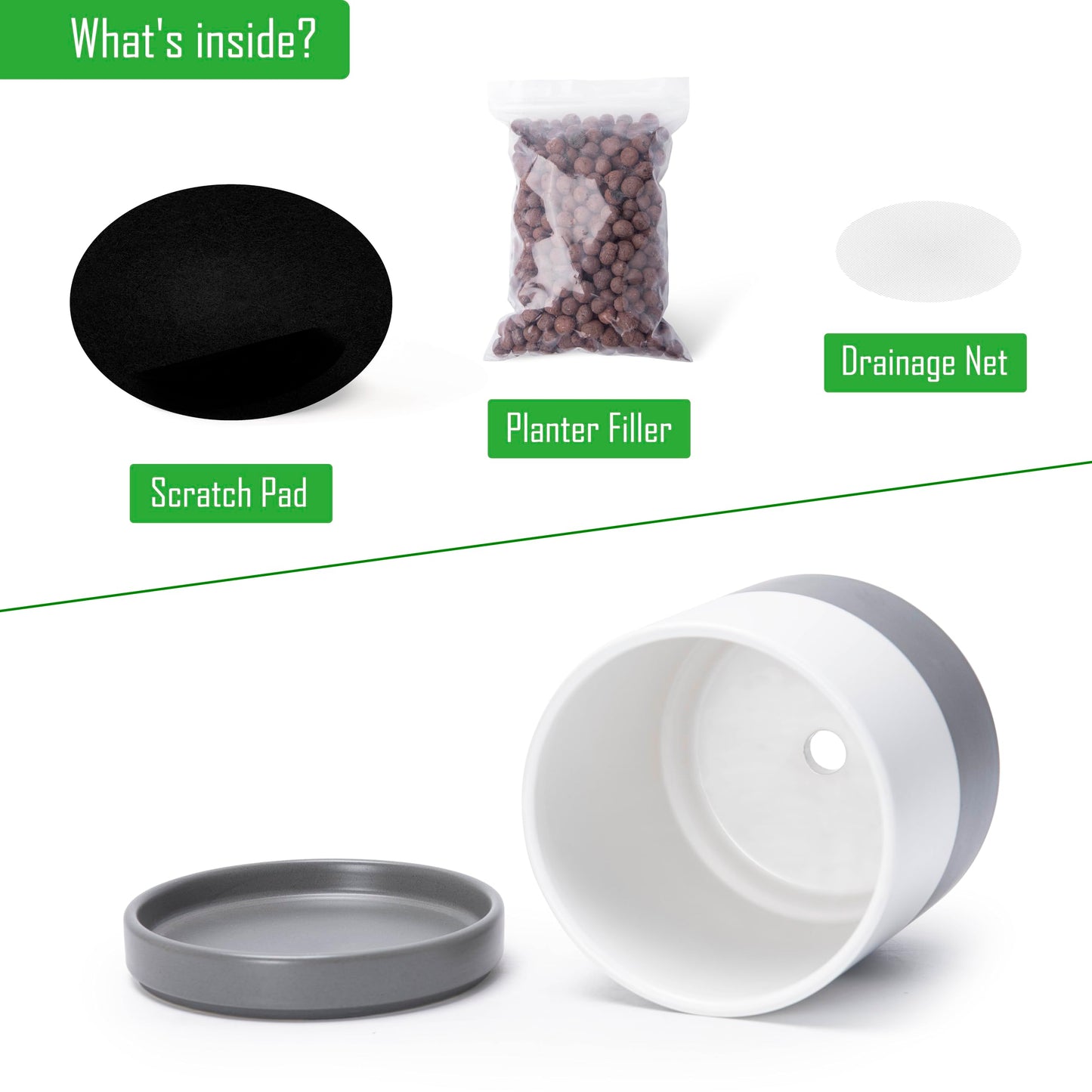D'vine Dev 4.7 Inch & 6.5 Inch Ceramic Planter Pots for Plants with Drainage Hole and Saucer, Small Plant Pots Set, White/Speckled Grey, 94-G-S-6
