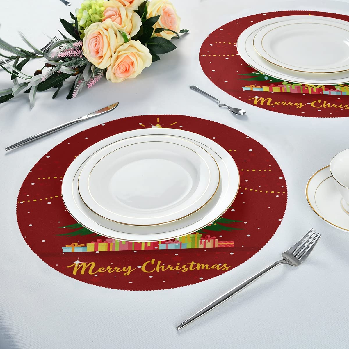 6 Pack Round Placemats Christmas Tree with Gift Boxes Table Mats Heat-Resistant Stain Resistant Anti-Skid Washable Placemats 15.4 Inch