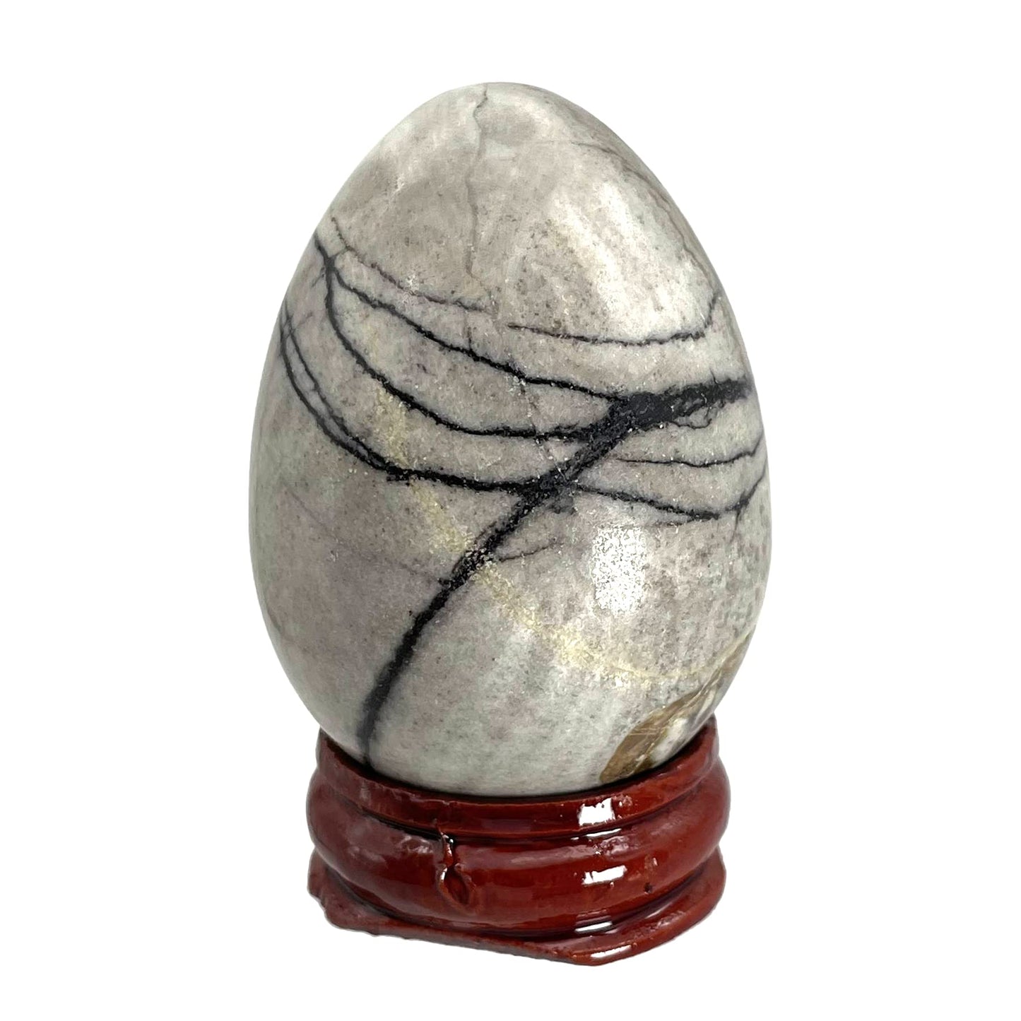 Fekuar Stone Egg Figurine, Polished Healing Crystal Easter Eggs Sphere Sculpture with Wood Stand, Picasso Jasper, 1.8"