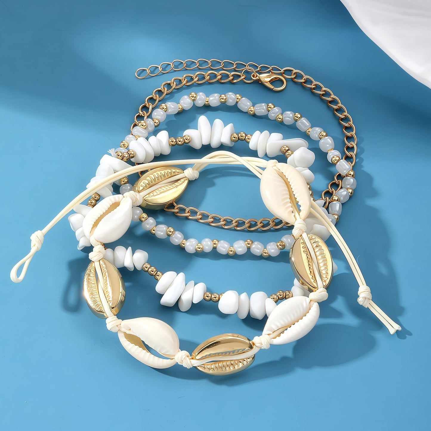 Qceasiy Shell Ankle Bracelet Set for Women, Gold Plated Boho Bead Adjustable Anklet, Hawaiian Beach Seashell Pearl Heart Starfish Conch Foot Jewelry Gifts (Stone Shell 4Pcs)