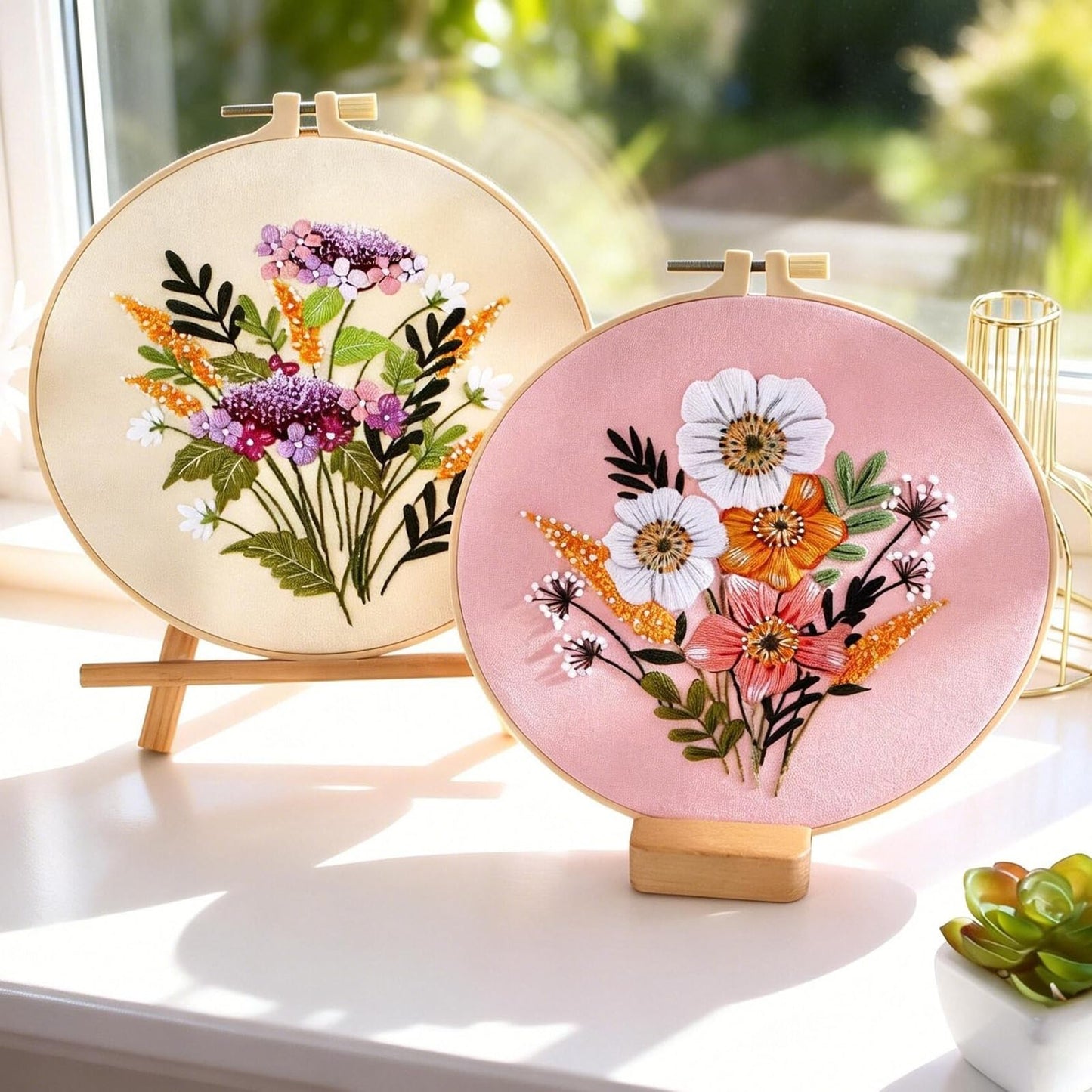 Herdiese 3PCS Embroidery Kit for Beginners with Floral Patterns – Cross Stitch Kits for Adults Including Hoop, Pre-Printed Fabrics, Threads, 9 Needles & Scissors – Easy Instructions