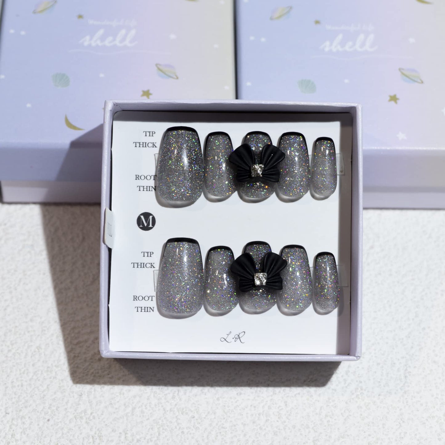 Light Rain Press on Nails - Dark Angel, 3D Bling Handmade with Bow Reusable Gel UV Finished Black False nails, Hand-Painted Fake Nails with Design by Professional Manicurist, Short Coffin, Large Size
