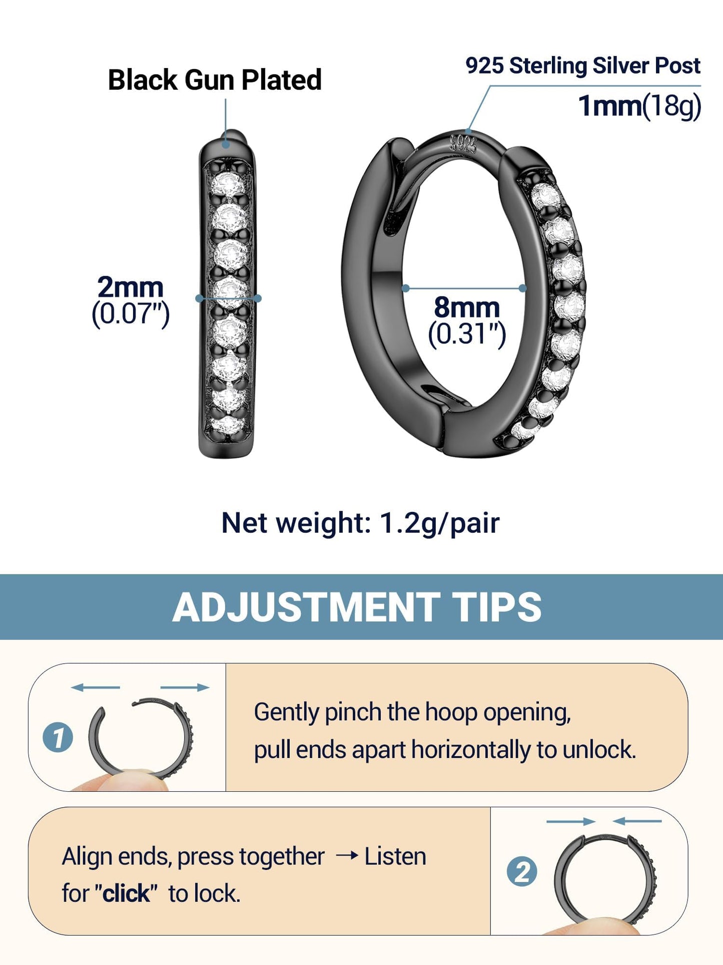 Black Hoop Earrings For Women Cubic Zirconia Hoops Earring Hypoallergenic 8mm Tiny Huggie Jewelry Non Tarnish Cartilage Piercing Waterproof Ear Earings