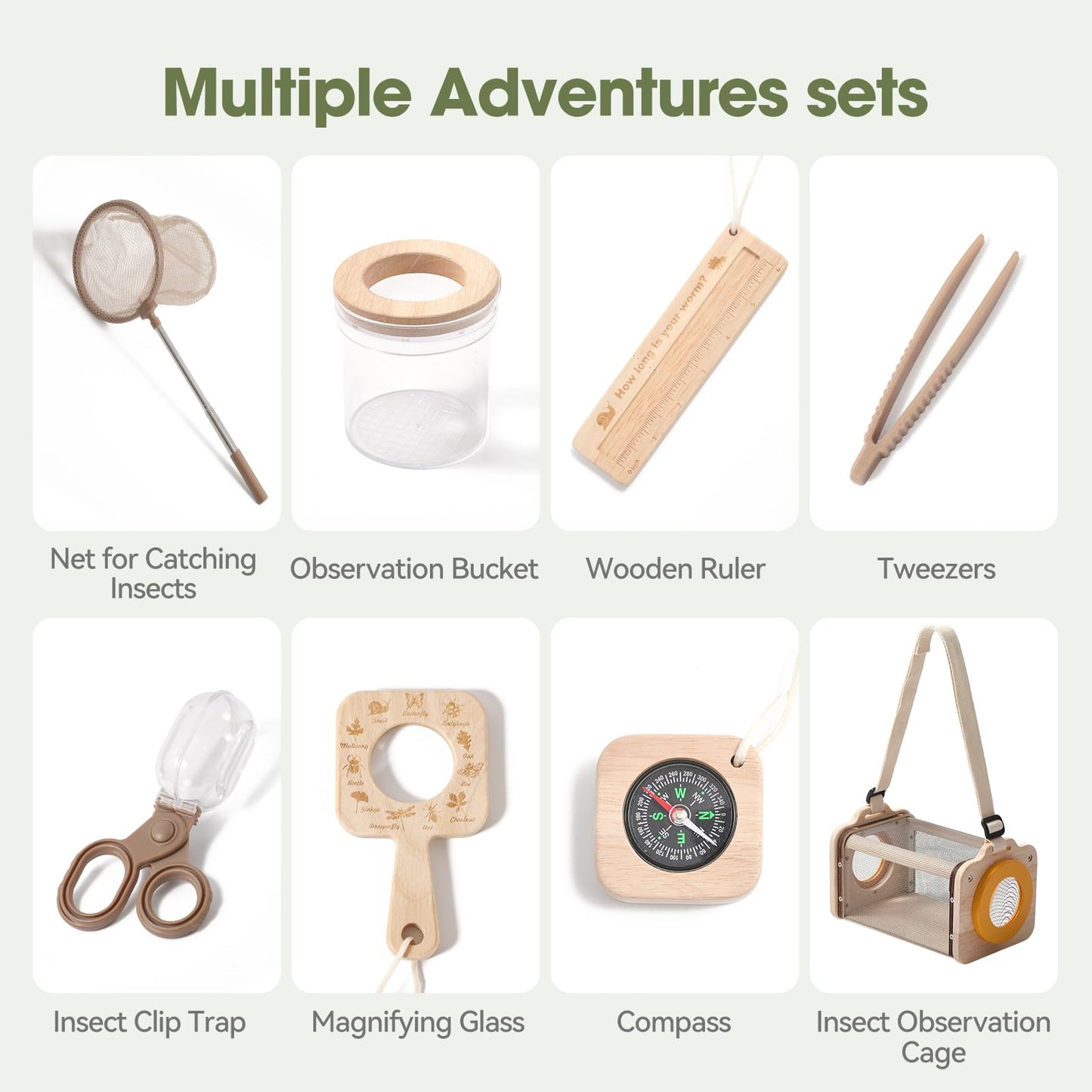 Wooden Bug Catcher Kit for Kids 3-8, 10PCS Durable Outdoor Explorer Kit with Magnifying Glass, Net & STEM Guide, Catch & Release Adventure Set for Backyard & Camping