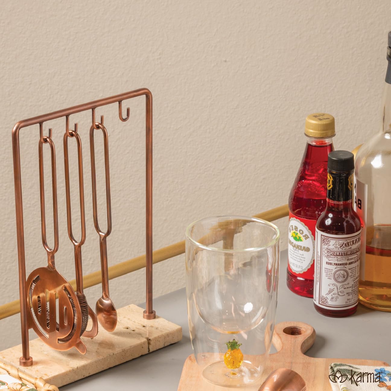 Karma, Bartender Kit 5-Piece Bar Tool Set with Marble Stand, Home Bartending Kit, Housewarming Gift