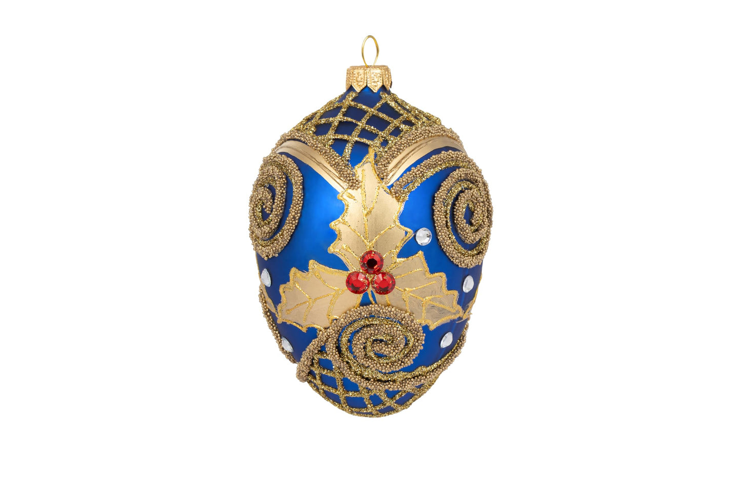 Polish Gallery Fabergé Egg 5-inch Blown Glass Christmas Tree Ornament Navy Blue with Gold Embellishments Mistletoe Leaves (Sapphire Matte)