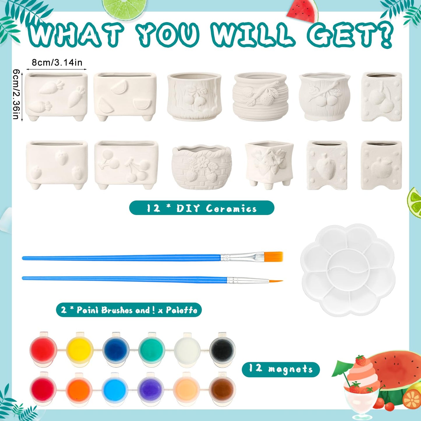 Hushee 12 Sets Ceramic Succulent Planters Paintable Succulent Plant Pots Small DIY Figurines Unpainted Pots with Drainage Hole Color Paints Paintbrushes Palettes(Fruit)