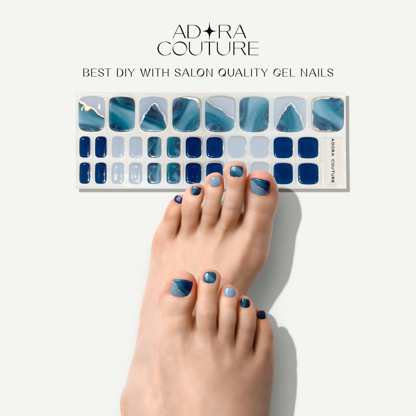 Adora Couture Semi Cured Gel Nail Strips - 32 pcs Gel Pedicure Stickers, Easy to Apply & Remove Toenail Stickers, Salon Quality At Home & Long Lasting - UV Nail Lamp Required - Blue Ocean P