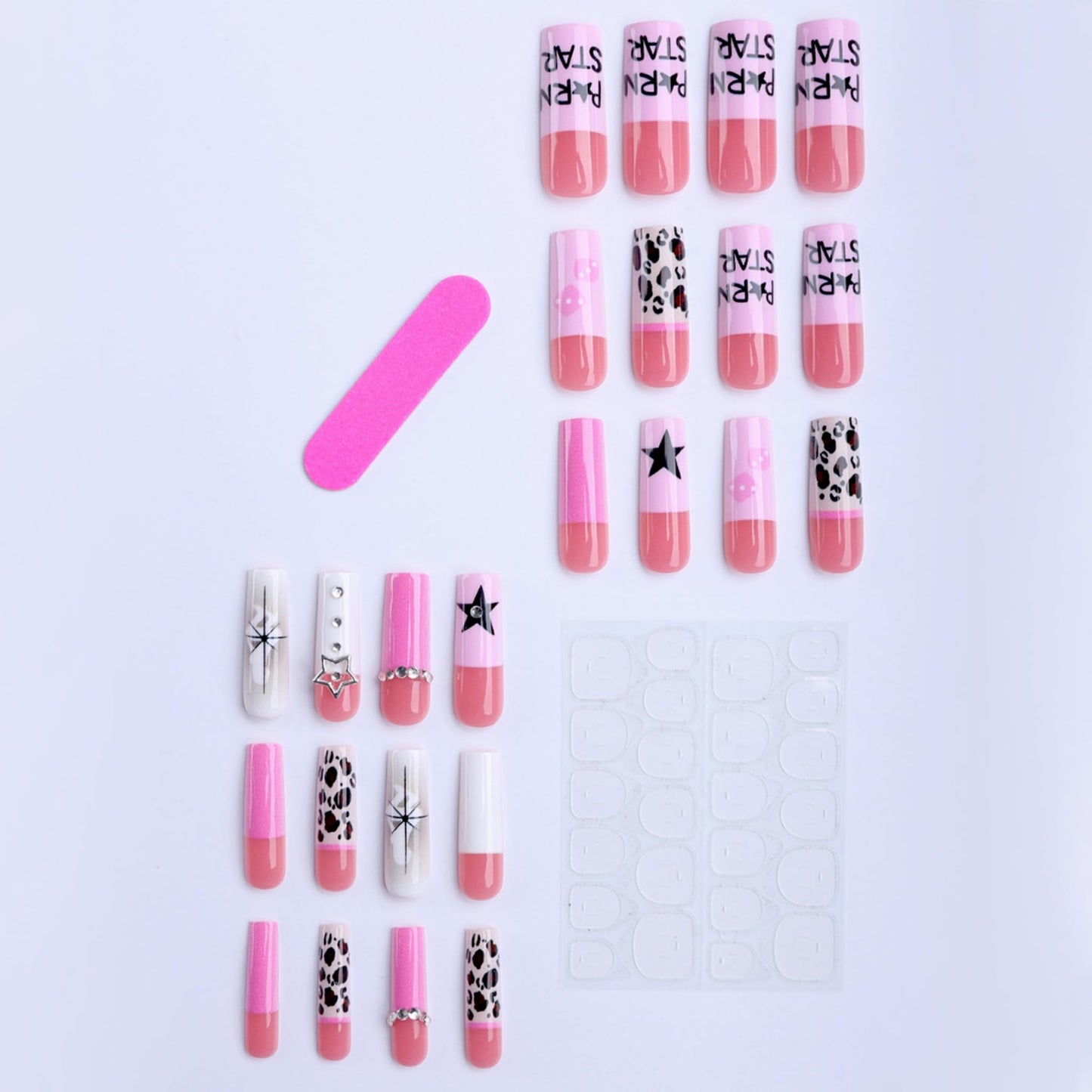 Long Press on Nails Square Fake Nails Pink Acrylic Nail Press Ons Seeneey Stars Designs Y2K Stick on Nail for Women 24pcs