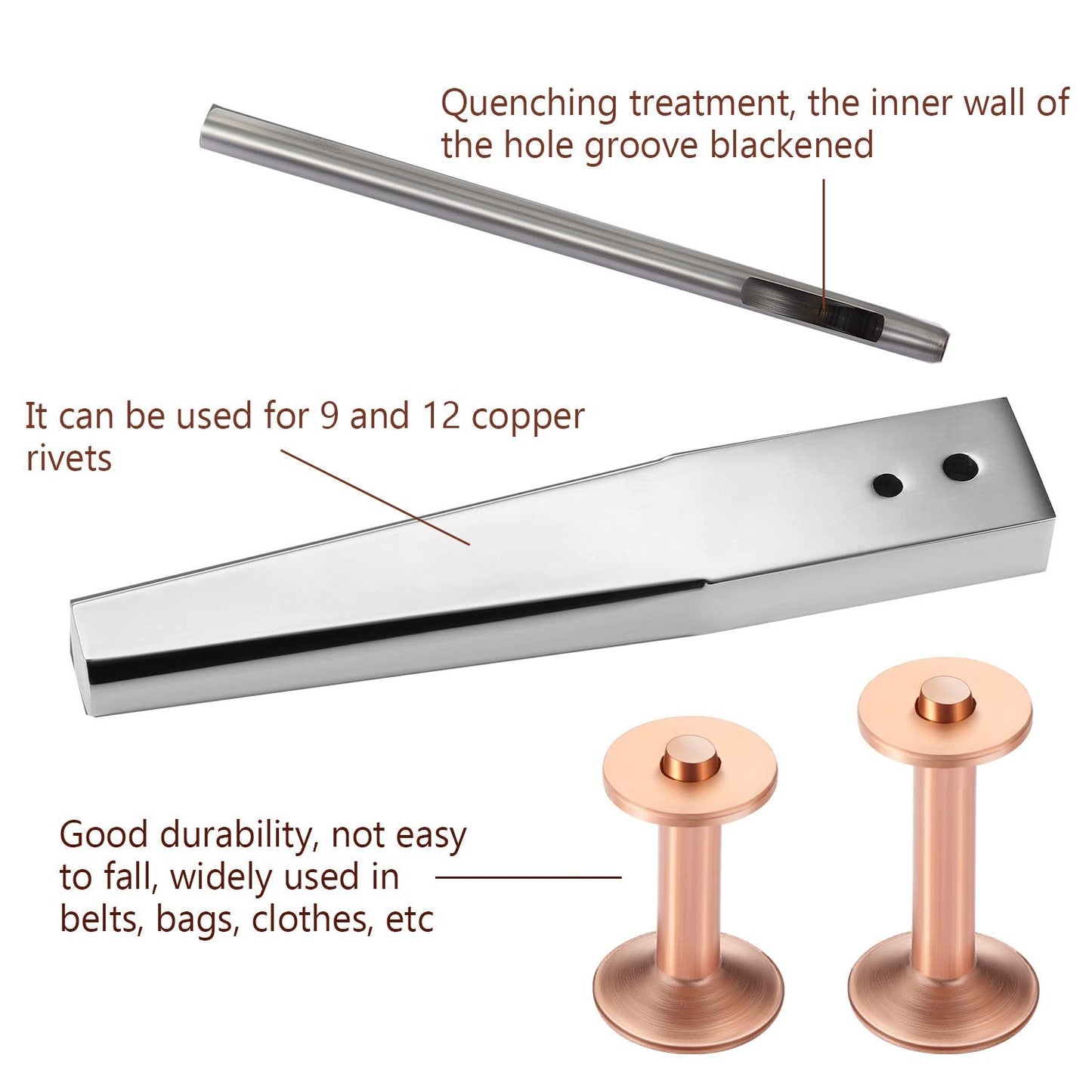 Hotop 50pcs Copper Rivet and Burr Washers for Leather Work #9 and #12 Brass Rivets Setter Install Setting Tool with Hole Punch Cutter Kit for Belts Wallets Collars Leather DIY Craft Supplies