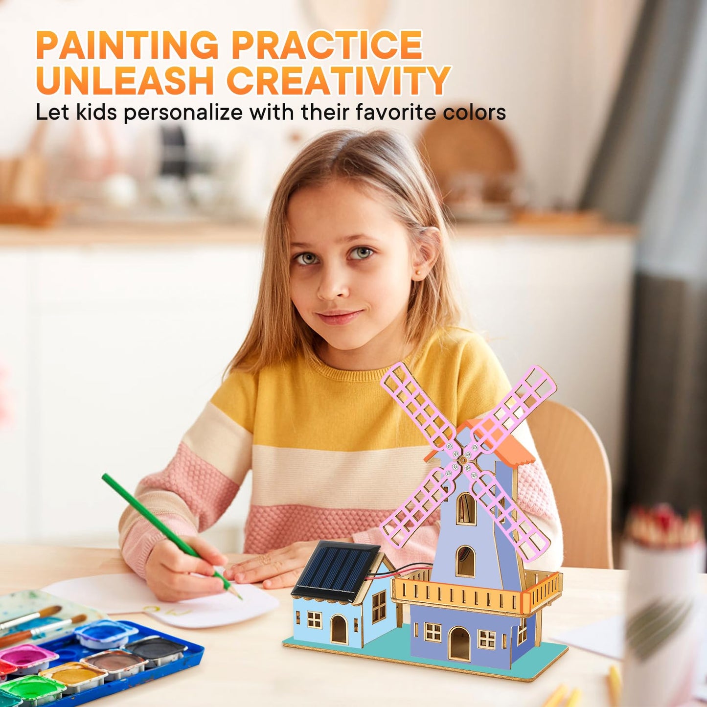 STEM Solar-Powered 3D Wooden Puzzle Kit - DIY Dutch Windmill House Building Toy | Educational Science Craft for Kids 8-15 & Adults | Hands-On Creative Model Project | Adopt Basswood-Safe&Sturdy