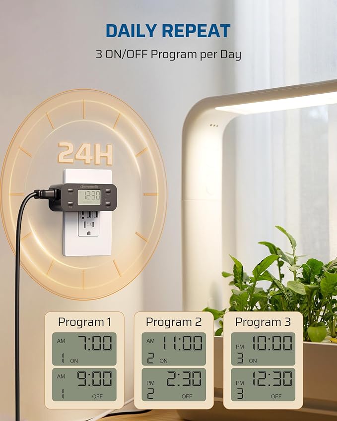 DEWENWILS 24 Hour Programmable Digital Timer Outlet with 1 Grounded Outlet, Timers for Electrical Outlets, Light Timer for Indoor Lamp Fan Aquarium, 125V/15A/1000W, 3 Prong, 1/2 HP, Black