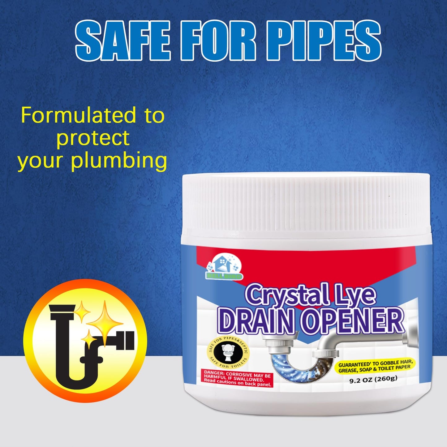 BELL BIRDCrystal Lye Drain Opener,Lye Sodium Hydroxide,Unclogs Bathroom and Kitchen Sinks,Drains,Shower Pipes (1PSC)