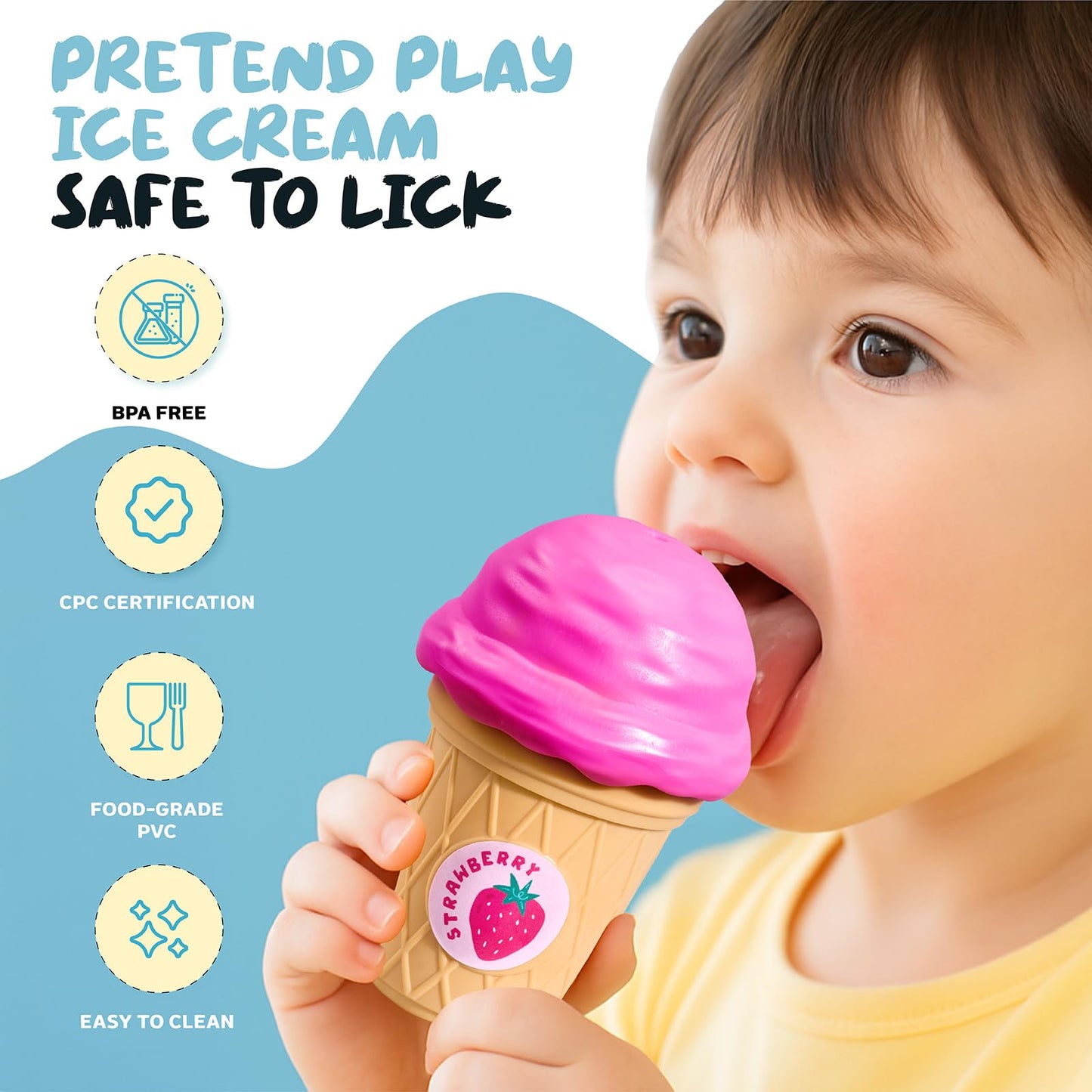 JoyCat Baby Toys 6-12 Months - Mystery Soft Box with 10 Sensory Objects, Rattle, Crinkle Paper, Mirror + Ice Cream Toys for Toddlers, Color Recognition Stacking Play Set with 7 Matching Cones & Scoops