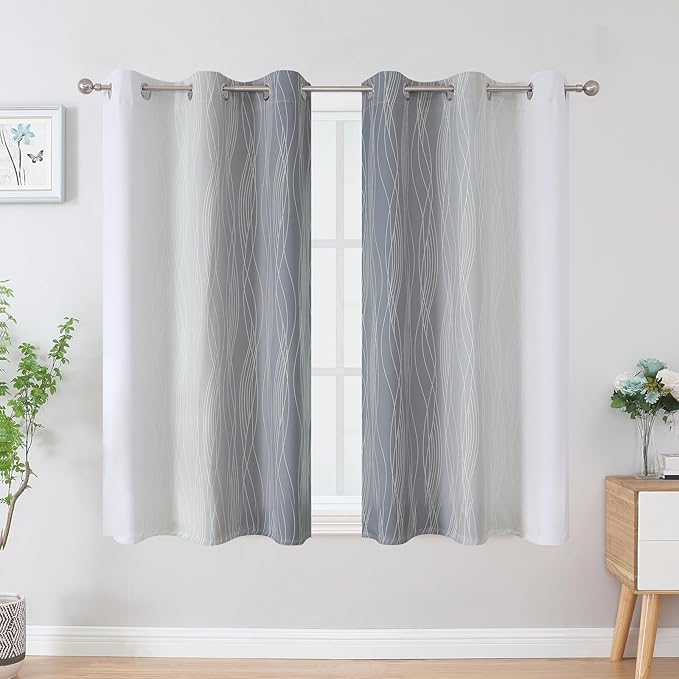 Estelar Textiler Grey and Greyish White Blackout Curtains 45 Inch Length, Light Blocking Gradient Drapes for Kitchen, Thermal Insulated Grommet Ombre Curtains for Bathroom,42Wx45L,2 Panels