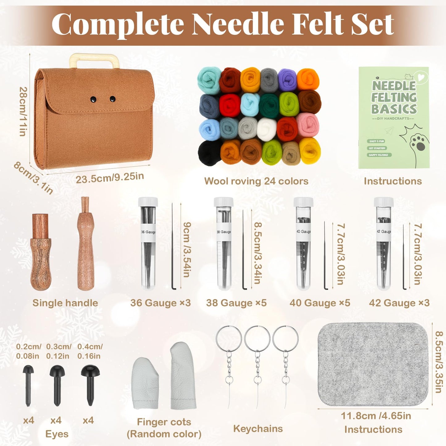 Oqqlin 62 Pcs Needle Felting Kit, Felting Kits for Beginners Adult Including 24 Colors Wool Roving, Felt Needles, Felt Pad, Needle Handles, Finger Beds, Keychains, Fake Eyes, Storage Bag, Instruction