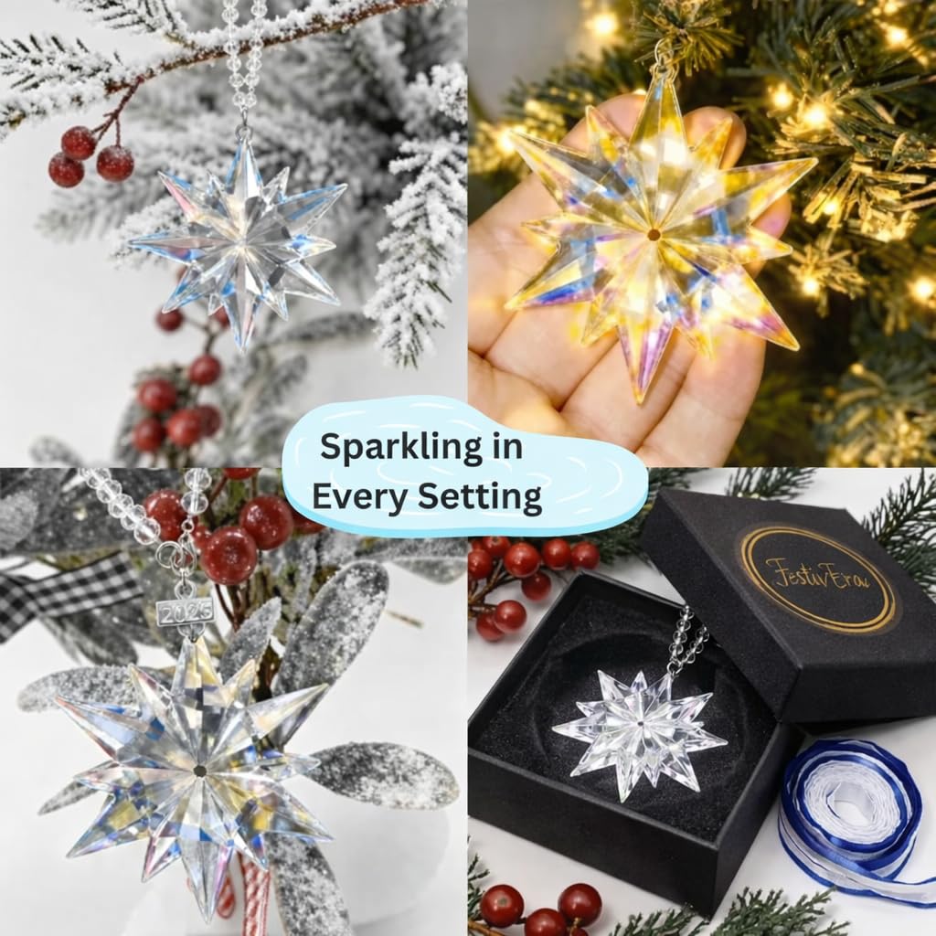 FestivEra Crystal Christmas Ornaments – Multi-Shade Star Ornament with Chain and Ribbons, Swarovski-Style Crystal Ornaments for Valentine's Day, Home Décor, Gift Box