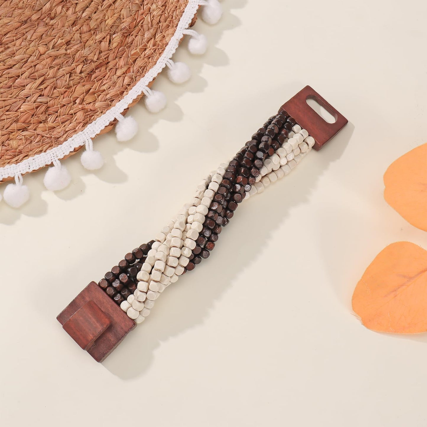 Coiris Boho Bangle Bracelets for Women Wooden Beaded Bracelets Chunky Bohemian Beach Bracelets Jewelry for Women(BR1235-BrownWhite)