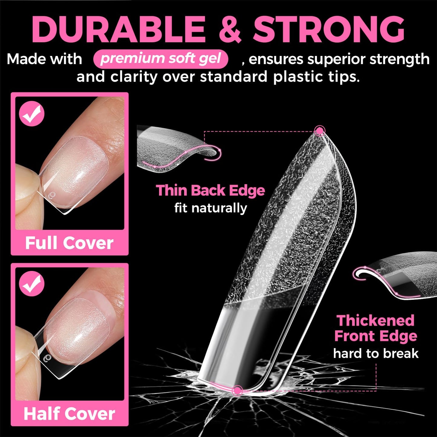 UNA GELLA 312Pcs Extra Short Squoval Nail Tips, Square Pre-Etched Half Matte Soft Gel Nail Tips Square Full Cover, No File Needed Clear Squoval Acrylic False Nails for DIY Nail Art Extension 12 Sizes