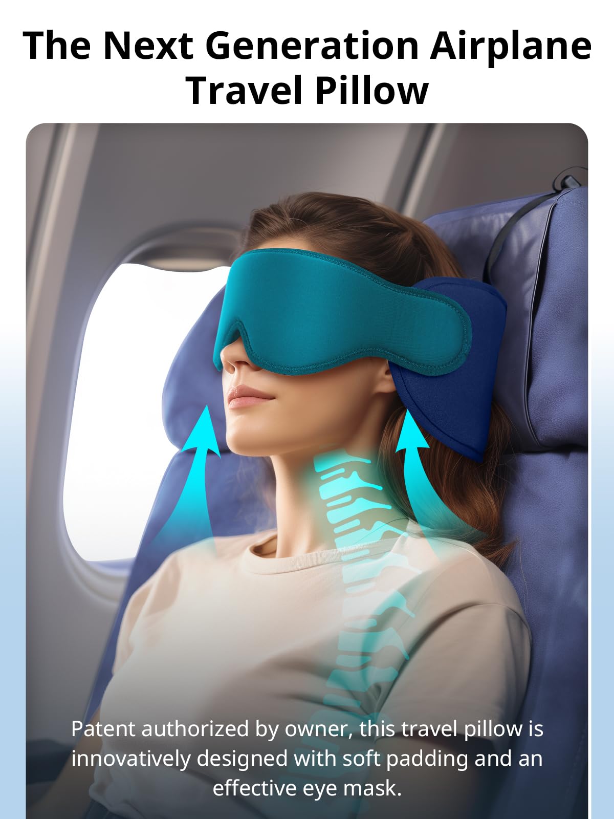 Inspireyes Travel Pillows for Airplanes, 360° Head Support for Long Flight, Soft Airplane Pillow with 3D Eye Mask for Sleeping, Stop Bobblehead, Airplane Headrest Gadgets, Lake Blue
