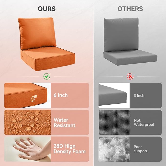 Luxury 6" Outdoor Cushions for Patio Furniture, 24x24x6" Thick Seat Cushion Set of 7, Fade Resistant Couch Chair Replacement Cushions High Density Deep Wicker Chair Cushion w/ Removable Cover, Orange