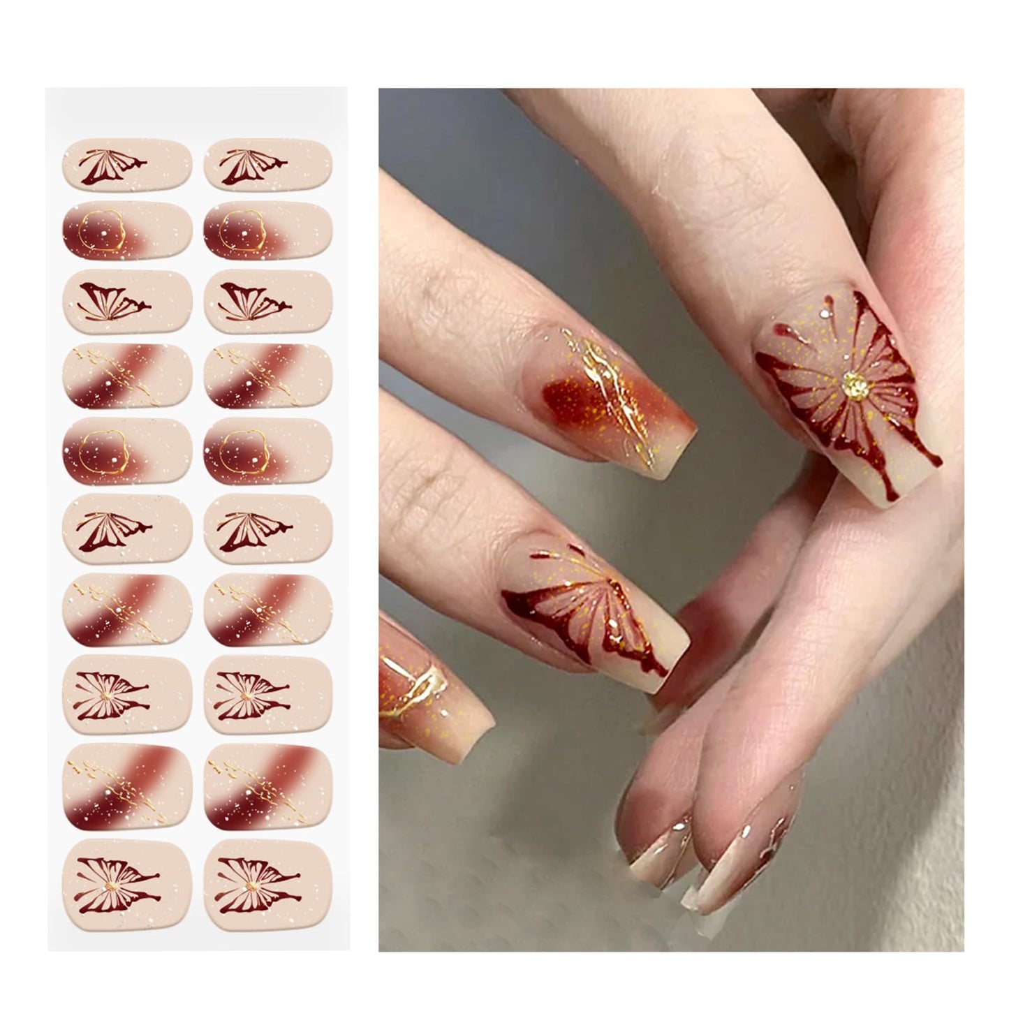 OAUEE Semi Cured Gel Nail Strips | Gel Nail Stickers with UV Light Required | Salon Quality, Easy Application and Removal（Butterfly Gilded Line）