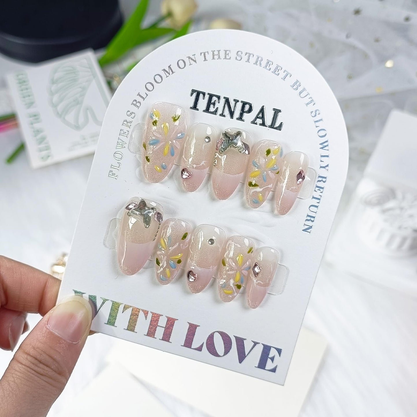 TENPAL French Tip Press on Nails Short Almond Gradient Pink Nails Press Ons with Fireworks Flower Butterfly Chain Designs Cat Eye Nails Press ons Glossy Artificial Glue on Fake Nails Short(S)