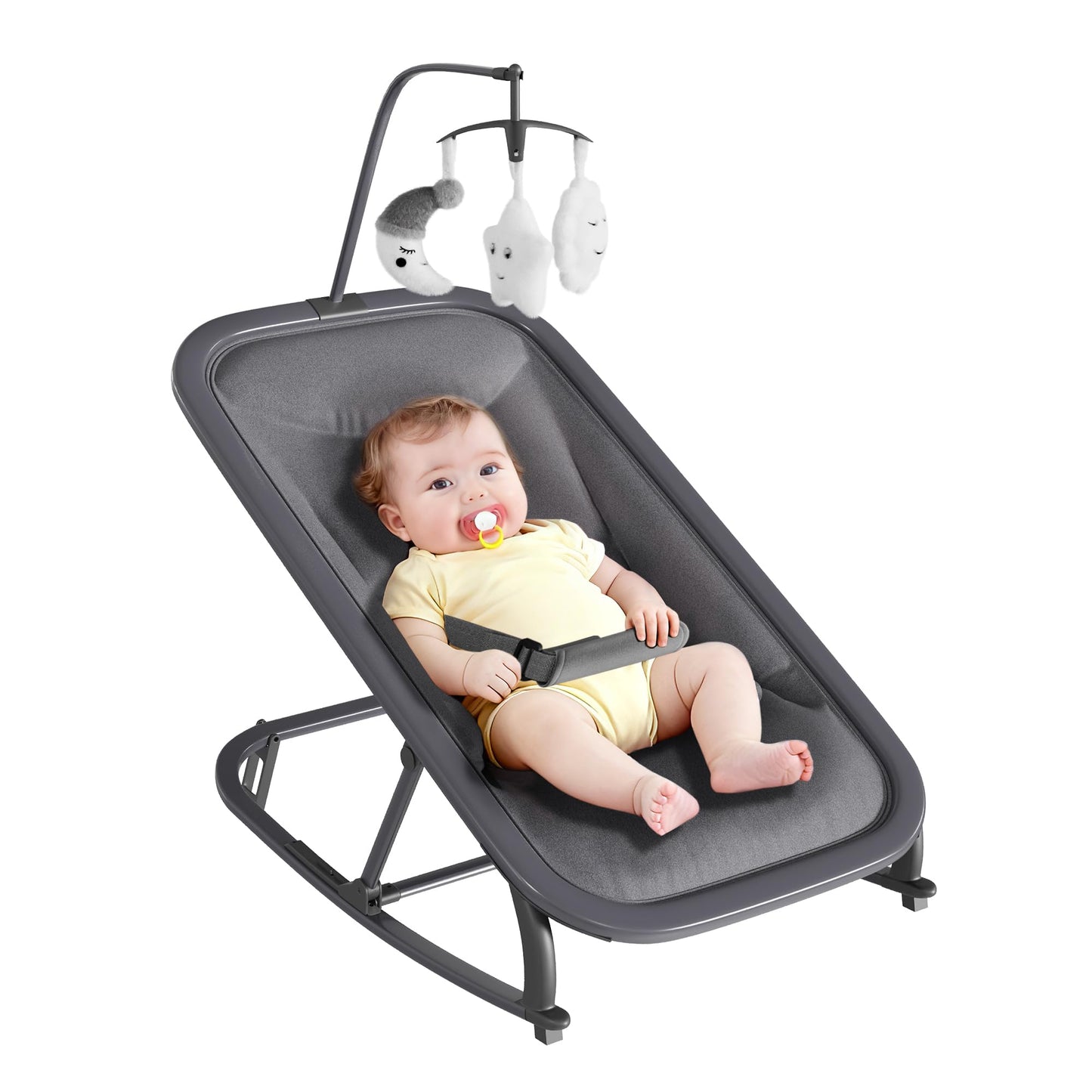 Jojoka Baby Swing for Infants, 3-Position Recline Baby Rocker with Toy Bar, Portable Infant Swing Chair with Lockable Stationary Mode, Lightweight Aluminum Frame, Grey