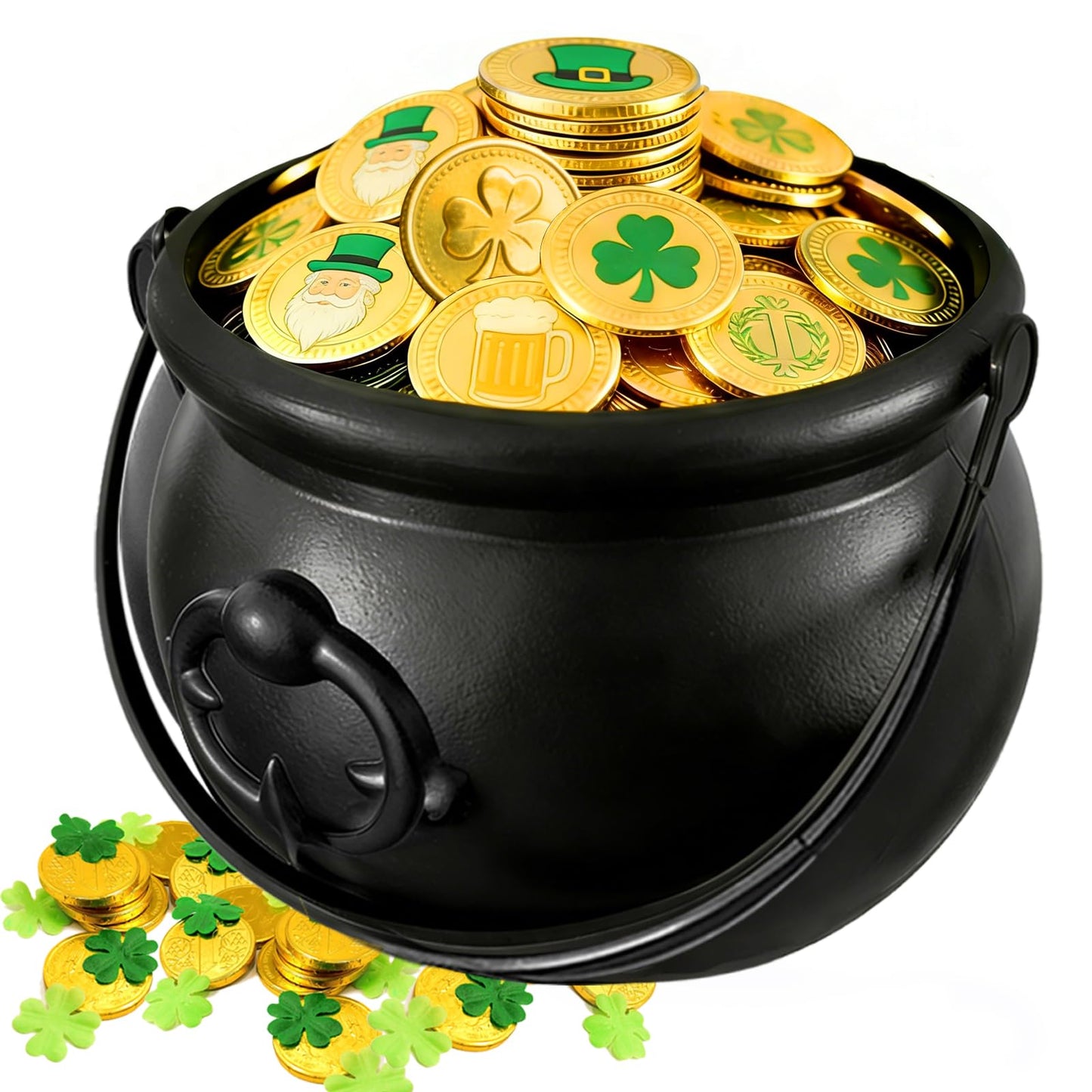 Blvochnnt 109oz St Patricks Cauldron Set,Portable Witch Candy Pot Bucket for Gold Decoration Halloween Trick or Treat Party Supplies with 70MM Clear Plastic Balls NO COINS INSIDE