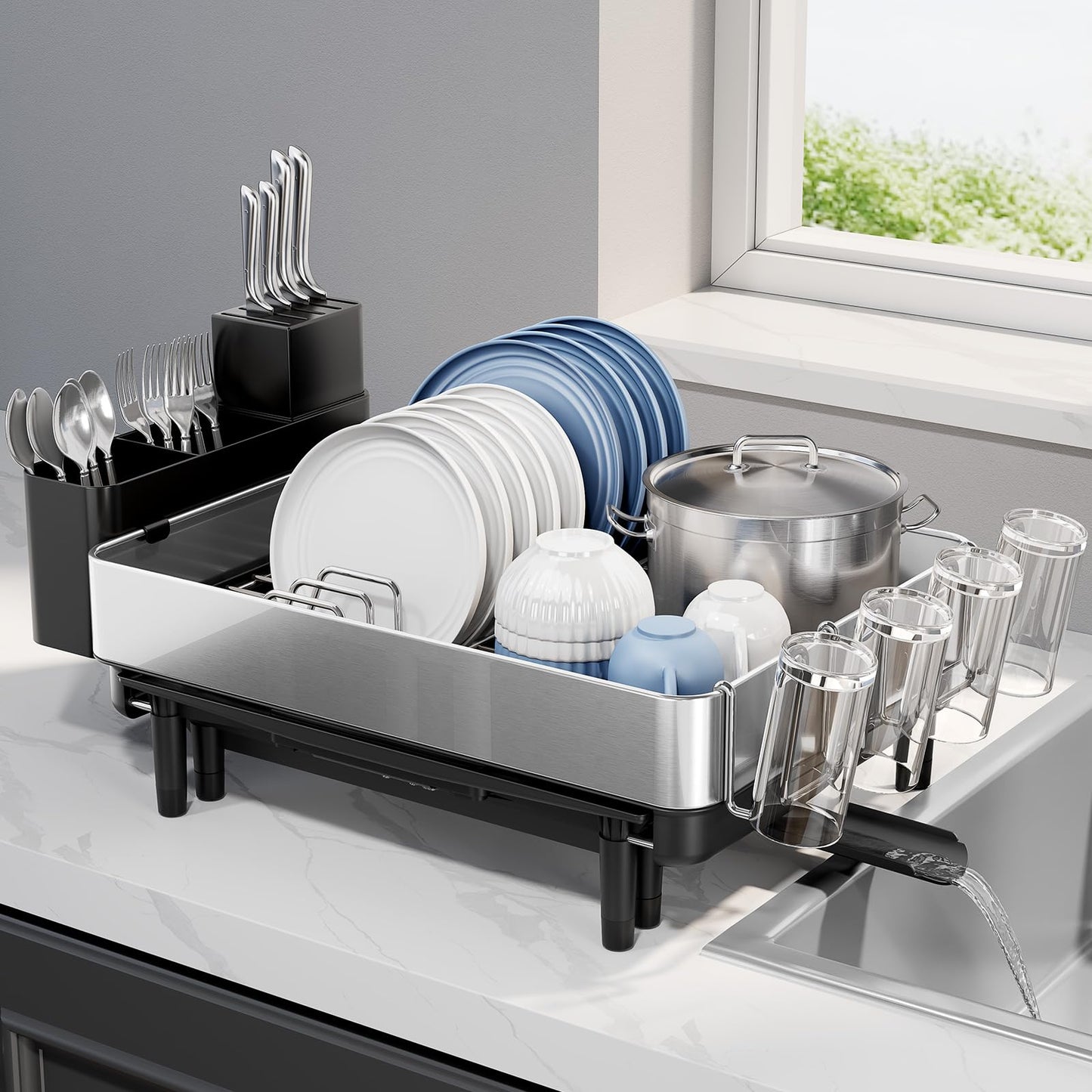 Urackify Dish Drying Rack for Kitchen Counter - Stainless Steel Dish Drainer with Drain Board, Removable Utensil Holder, Rust-Proof Plate, Non-Slip Feet, Large Capacity for 10 Plates 6 Bowls 4 Cups