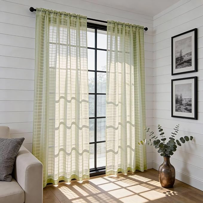 SpaceDresser Check Sheer Curtains 90 Inches 2 Panels Set, Rod Pocket Plaid Window Curtain for Living Room, Sage Green Semi Sheer Drapes for Kitchen Bedroom Children Room Yard（Sage Green, 52W x 90L）