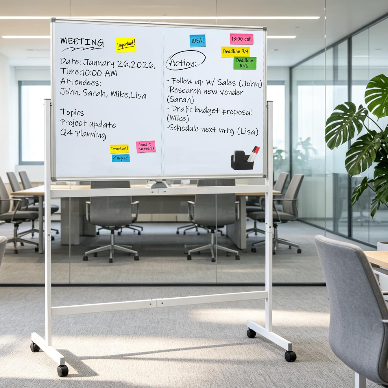 A AIRLLEN Rolling Whiteboard - 48x32 Double Sided Magnetic Dry Erase Board with One-Click Flip Button, Mobile Standing White Board for Teaching, Brainstorming & Office Presentations
