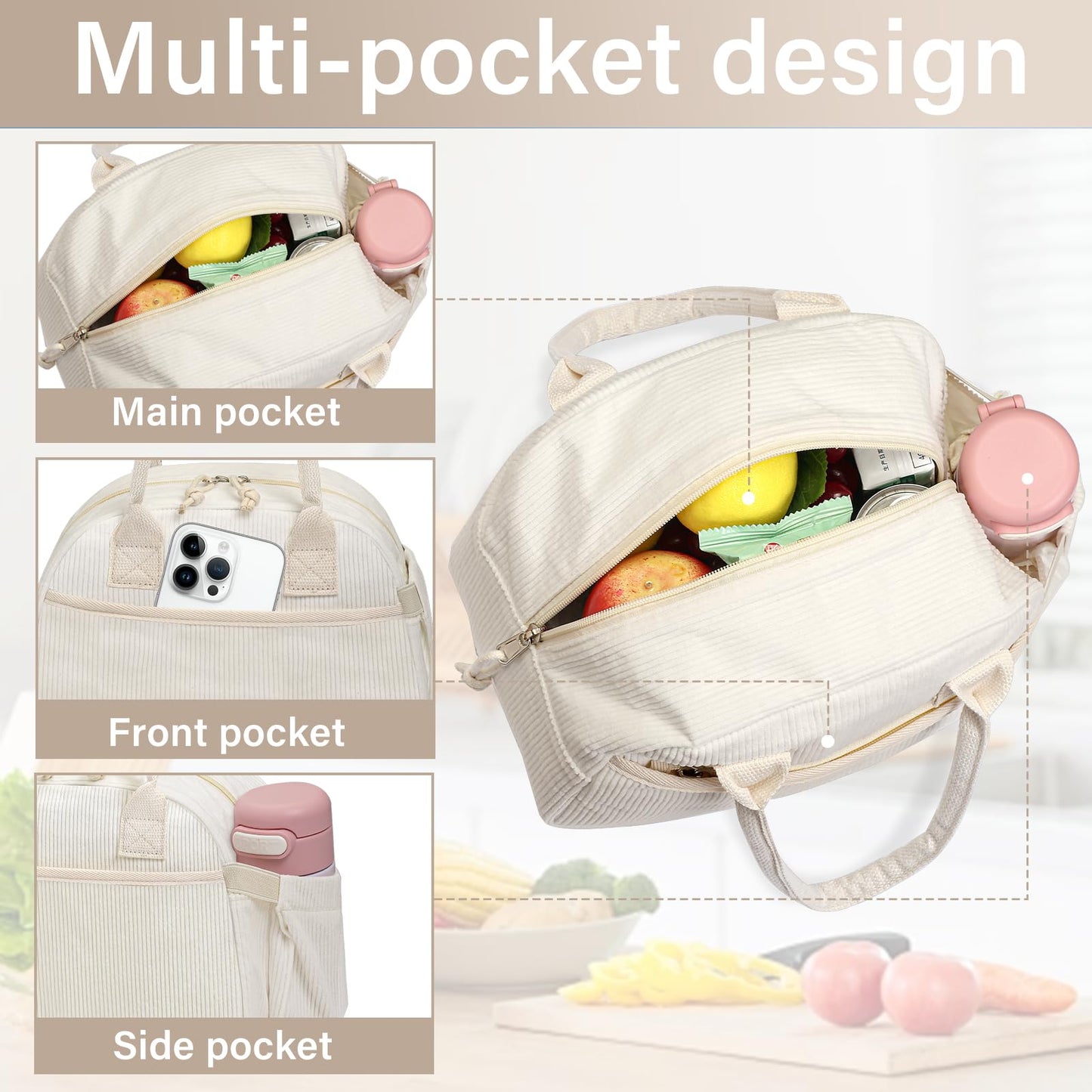 Carry bloom Lunch Box for Women, Insulated Lunch Bag Cute Corduroy Lunchbag Reusable Lunchbox for Work (bb pink corduroy)