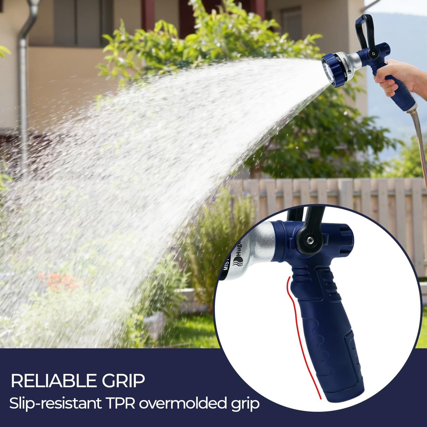HugeDawn Garden Hose Nozzle, 6 Spray Patterns Heavy Duty Metal Water Nozzle with High Pressure for Watering, Cleaning, Washing (Blue)
