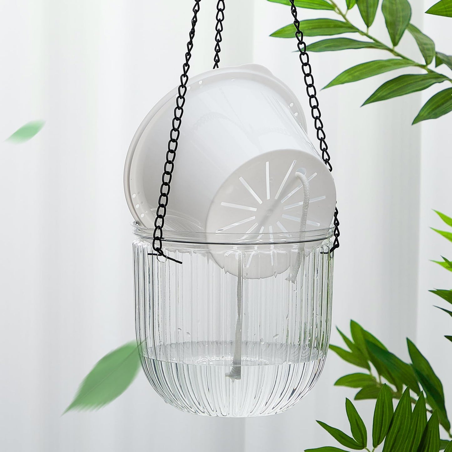 Meanplan 4 Pcs Self Watering Hanging Planter Indoor 6.5 Inch Hanging Baskets for Plants Outdoor Plastic Flower Pot with 3 Hooks Chains Drainage Holes for Garden Home, Medium Size(Clear)