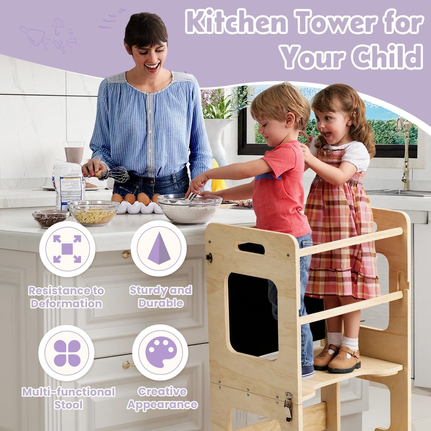 labebe Toddler Standing Tower for 12M+, Montessori Foldable Learning Standing Tower with Blackboard, Anti-tip Structure Design,Wooden Kitchen Step Helper Stool for 1-3 Year Old Boy Girl Gift