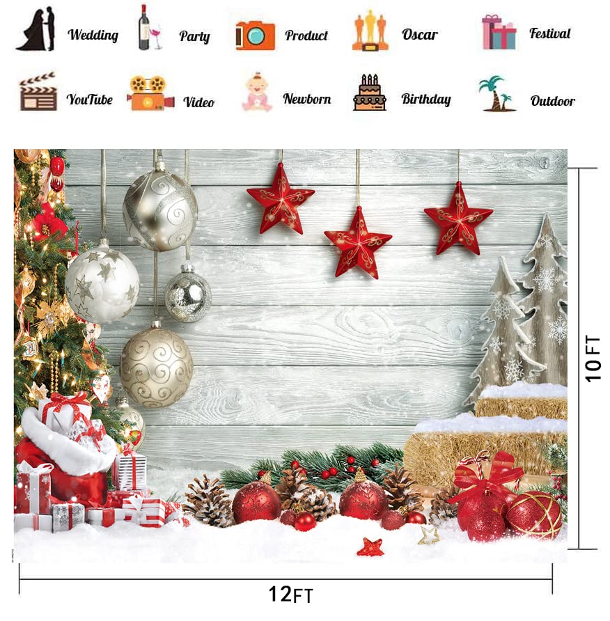 CHAIYA 12X10FT Christmas Backdrop White Wood Floor Photography Backdrop Winter Snow Christmas Balls Xmas Tree Gift Family Party Photo Background New Year Party Decoration CY194 - size: 12′x10′