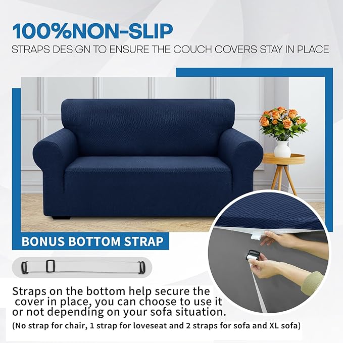 XINEAGE 2026 New 1 Piece Couch Covers for 2 Cushion (55"-69") Stretch Loveseat Sofa Cover Slipcover Jacquard Universal Furniture Protector with Elastic Bottom for Kids,Dog (Loveseat, Navy Blue)