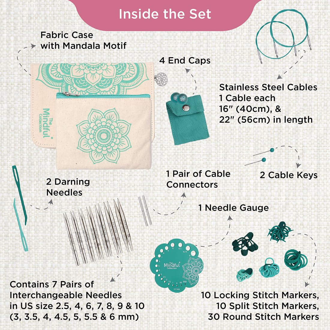 KnitPro The Mindful Collection Kindness Interchangeable Needle Set 4" (10cm) | 7 US Sizes (2.5-10)