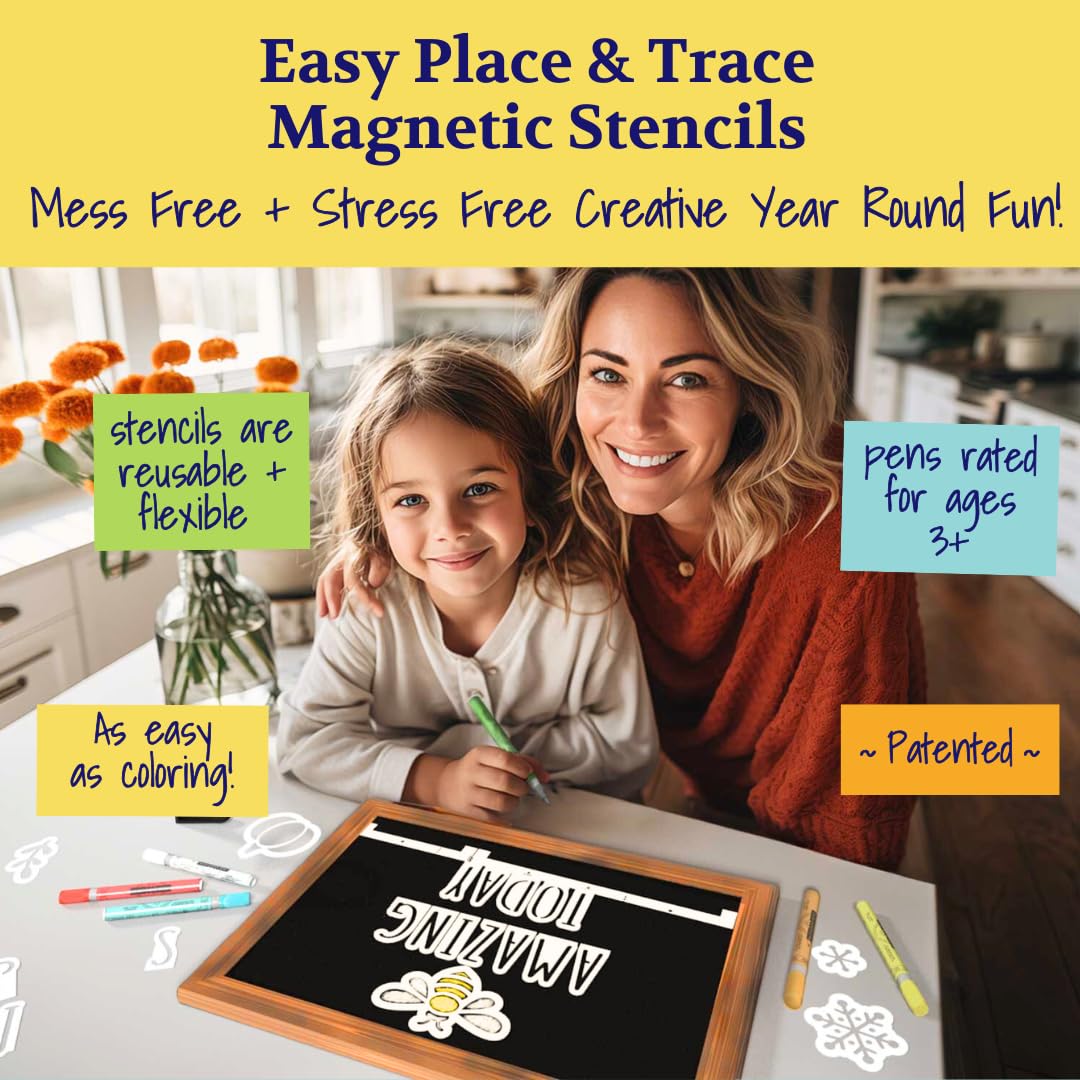 Magnetic Chalkboard Sign Kit - 12x17 Framed Hanging or Tabletop Chalk Board with Easel Stand, Acrylic Markers, Design & Letter Stencils for Chalkboard Art, Kitchen Countertop Menu (Rustic Wood)