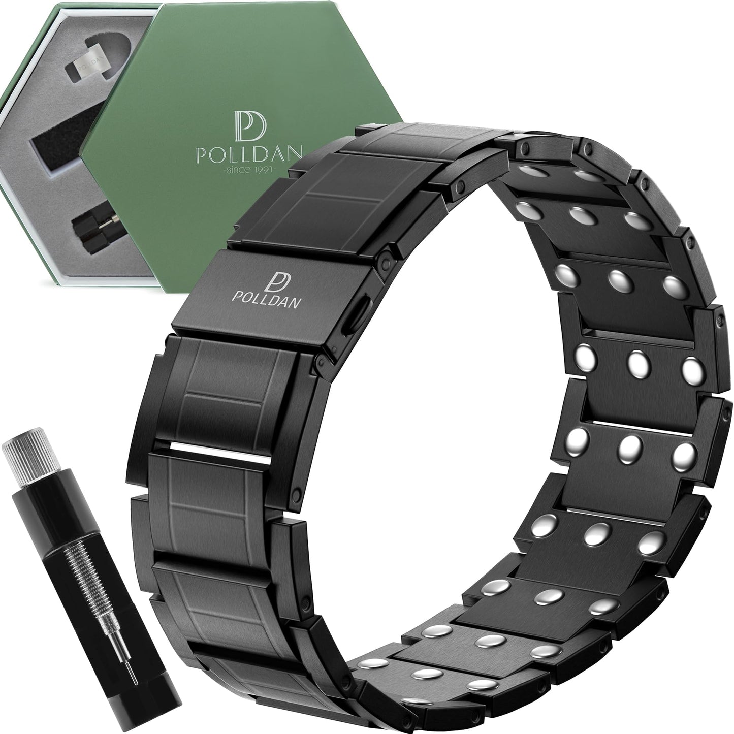 POLLDAN® Mens Magnetic Bracelet with 6200 Gauss Power | 3X Strength Mens Bracelet | Titanium Bracelets for Men with Fold-Over Clasp, Adjustable Length, Gift Box | Mens Wrist Jewelry (Black)