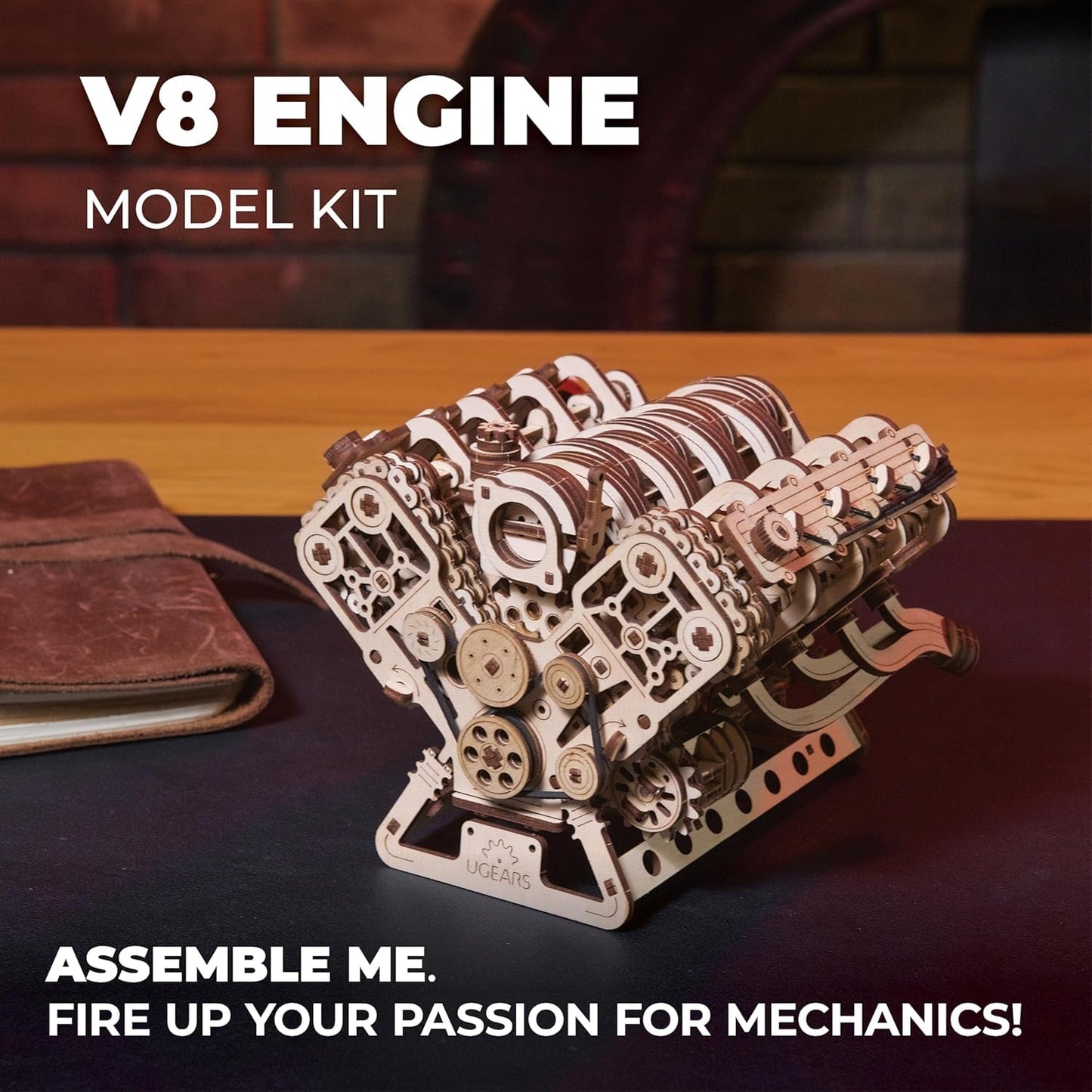 UGEARS V8 Engine Model Kit - 3D Wooden Puzzles for Adults, 3D Puzzle Model Engine Kit, DIY Kits Gifts for Engineers for Christmas, Wooden Model Kits for Adults to Build, Brain Teaser Hobby Set
