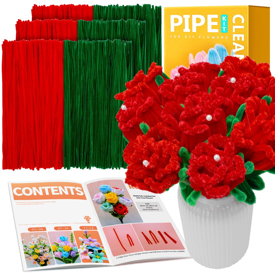 IOOLEEM Pipe Cleaners, 480pcs Red Roses, Valentine's Day Flower Making Kit, Arts and Craft Supplies for Flowers, Ideas for Art Project Activity.