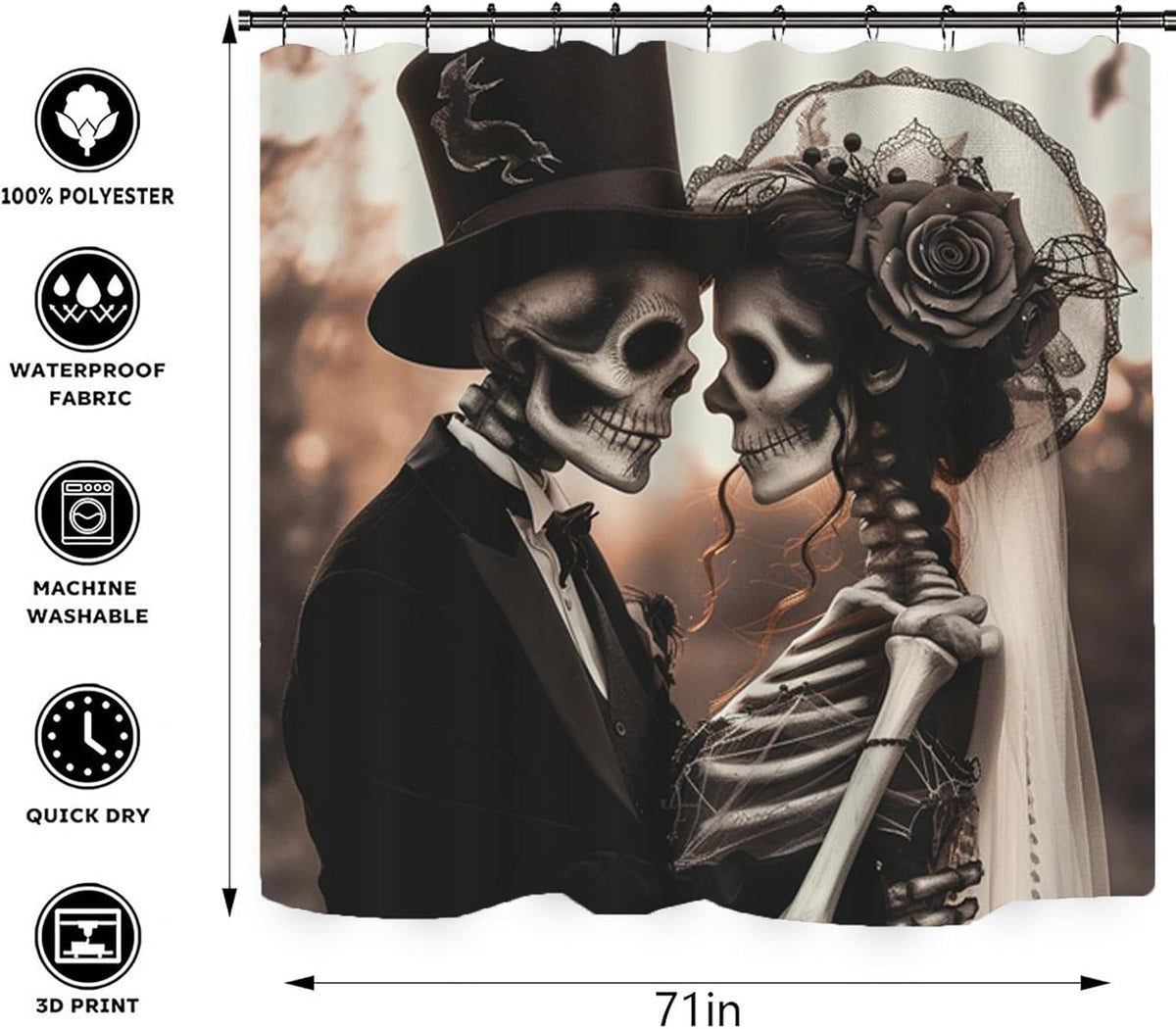 NEWSUYAA Halloween Decorations Shower Curtain Set with Non-Slip Rugs and Bath Mats,Black Skull Skeleton Bathtub Curtains with 12 Hooks,All Saints'Day (Nov 1st) Bathroom Decor
