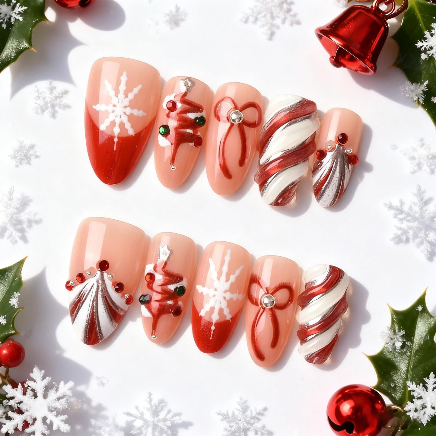 3D Christmas Tree Acrylic Fake Nail Glossy Red Colored Lantern Stick on Fingernails Snowflake Press on Nails 24Pcs Candy Cane Gel Glue on Nail Bow Tie Medium Almond False Nails for Women Xmas Gift