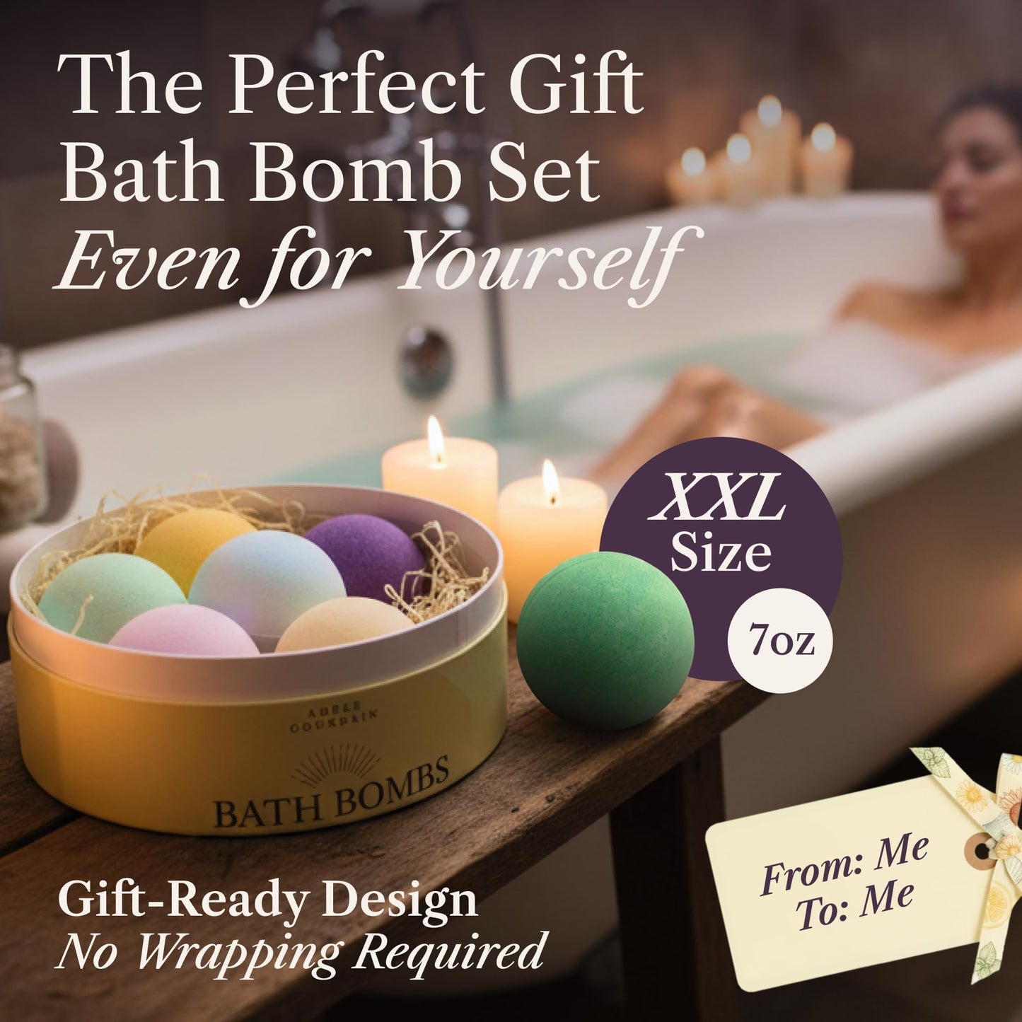 ADELEGOURDAIN Bath Bombs Set 7 pcs XXL Size - Gift Set for Women, 200g/7oz, Mineral Bath Bombs for Sensitive Skin, Gift Set or Birthday or Mothers Day, Gift Box Idea for Her