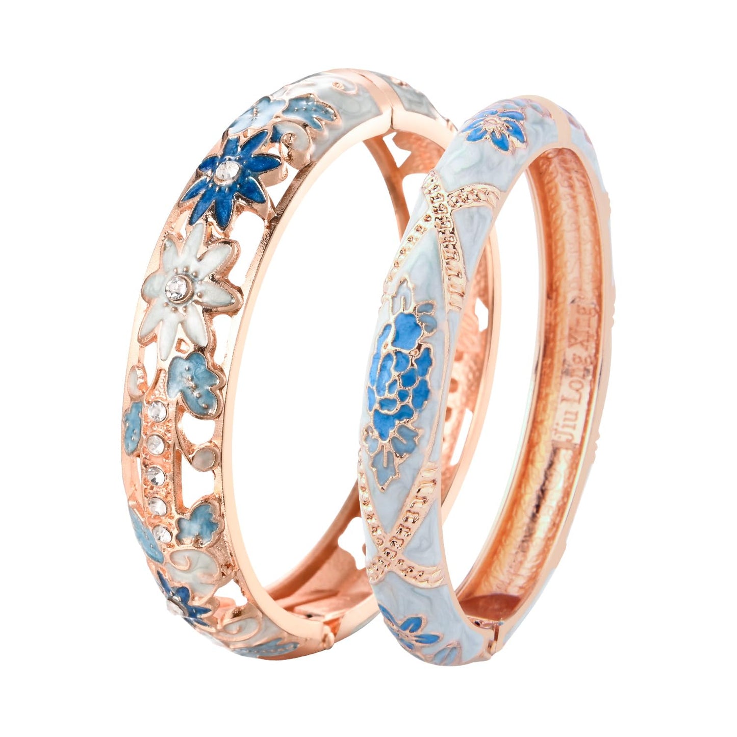wynameleri Vintage Jewelry Cloisonne Handcrafted Enameled Gorgeous Rhinestone Flower Hinged Cuff Bracelet Bangles Gifts 88C11-55A128 Light Blue